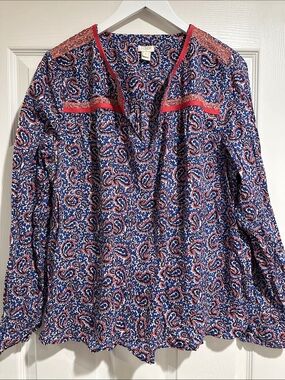 J. Crew Women's Paisley V-Neck Long Sleeve Top in Navy and pink XL